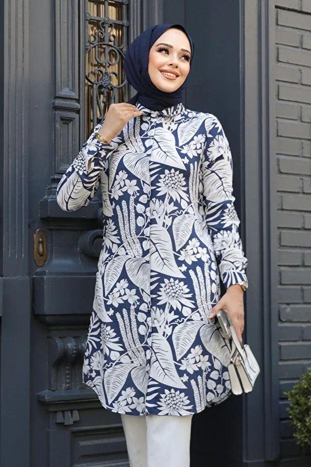 Neva Style Patterned Navy Blue Modest Tunic 11700L