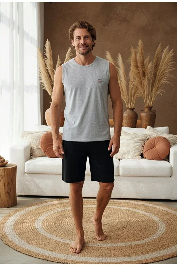 Embroidered Sleeveless Pajama Set with Shorts for Men