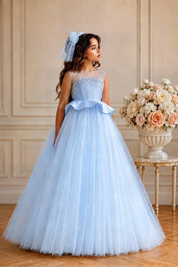 Girl Child Beaded Tulle Evening Dress with Petticoat, Dress Including Hair Clip - Wedding, Prom and Special Occasion Dress