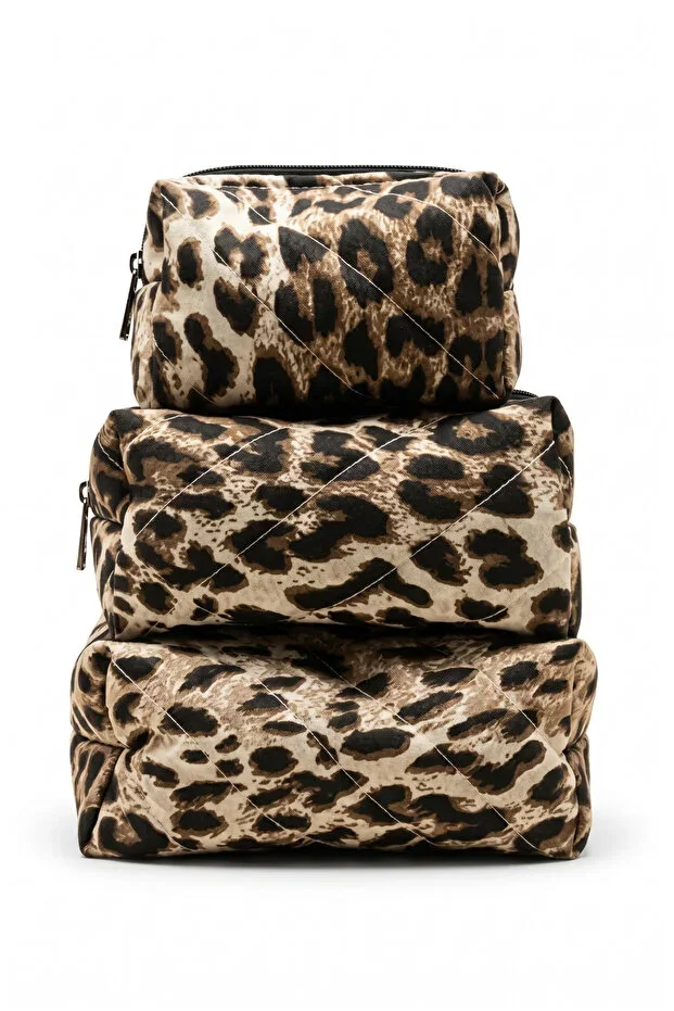 Leopard Print Quilted 3-Piece Makeup Travel Organizer and Cosmetic Bag Set