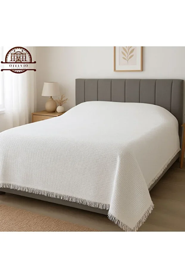 Double Size White Tasseled Waffle Hotel Blanket