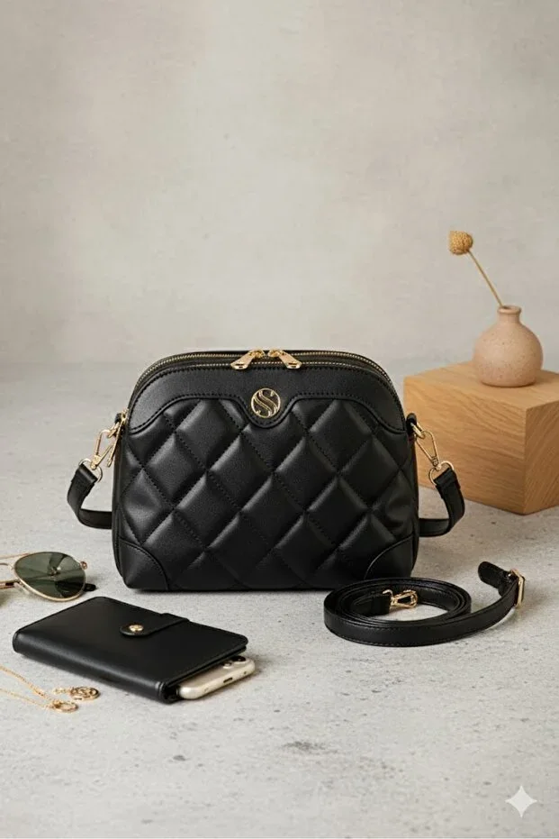 Black Matte Women's Adjustable Crossbody Strap 4 Compartment Shoulder and Crossbody Bag