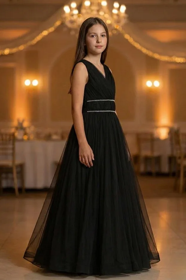 Girls V-Neck Waist Stone Embroidery Detailed Tulle Long Evening Dress ABY2027
