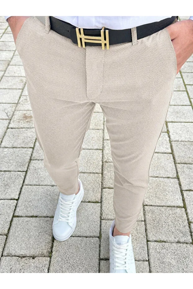 Men's Beige Quality Flexible Lycra Slim Fit Linen Trousers