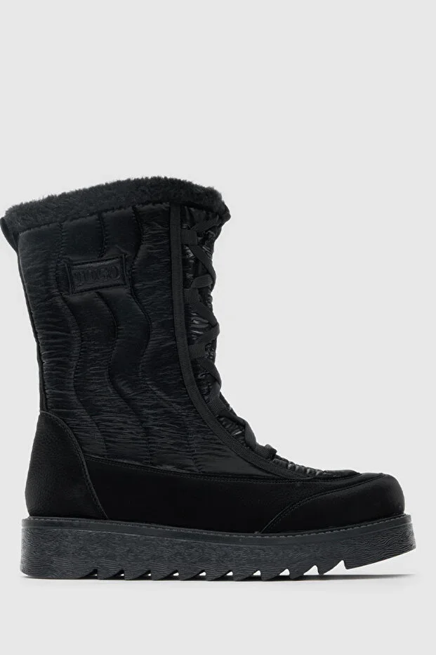 Black - Black Nubuck Parachute Fabric Waterproof Fur Lined Women's Snow Boots [051816]