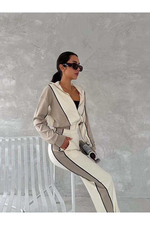 WOMEN'S TREND SWEATSUT SUIT HIGH NECK ZIPPER WIDE LEG SIDE STRIPE AISHA MODEL