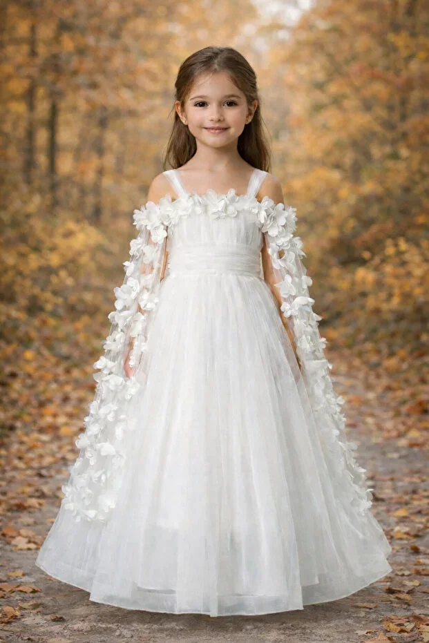 Girls Premium White Tulle Evening Dress Wedding Dress – Flower Detailed Princess Model (4-12 Years)