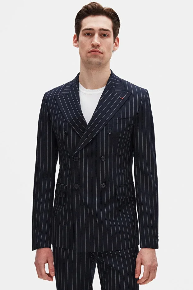 Ds Damat Regular Fit Navy Striped Double-Breasted Suit