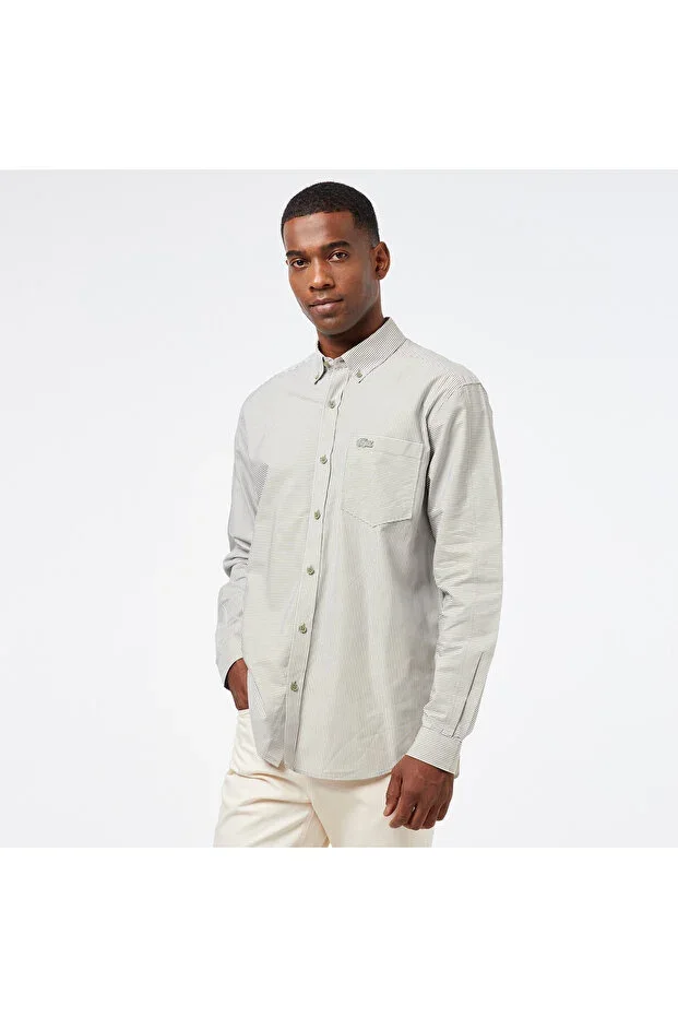 Men's Relaxed Fit Button-Collar Striped Khaki Shirt