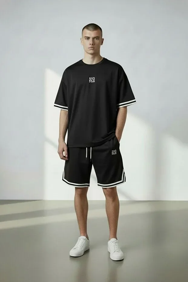 Men's Black Printed Tracksuit with Stripe Detail