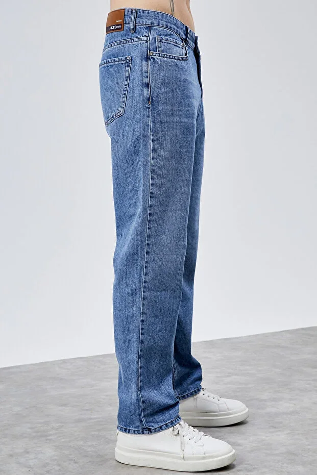Men's Light Blue Straight Baggy Fit Wide Cut 100% Cotton Denim Loose Jeans Trousers Chris
