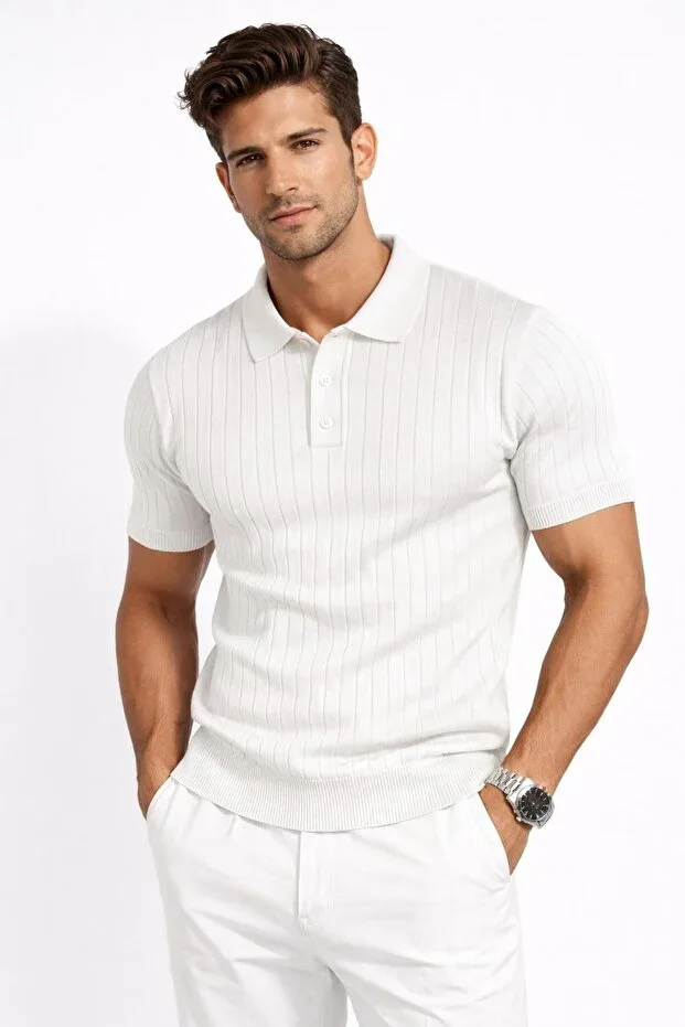 Men's T-shirt White Polo Neck Tricot Short Sleeve