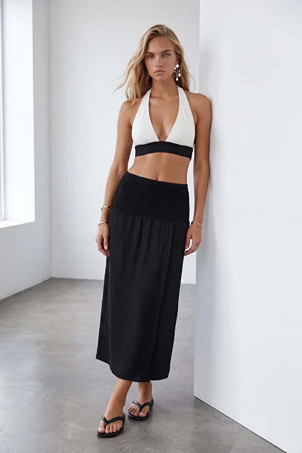 Women's Black Elasticated Waist Crinkled Midi Beach Skirt Alc-X15569