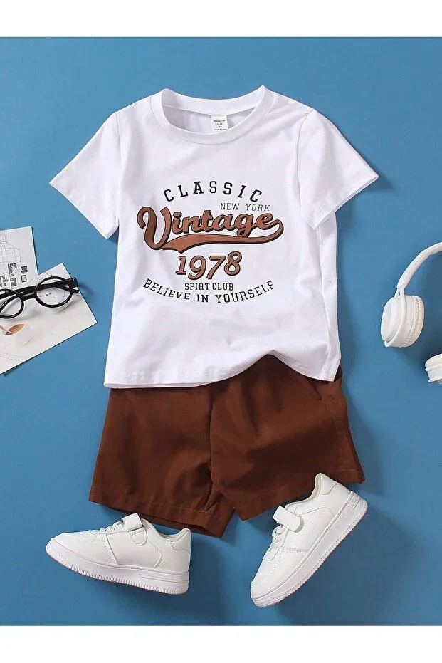 Vintage Printed Cotton Kids Brown Shorts White T-shirt Set - Kids Summer Crew Neck