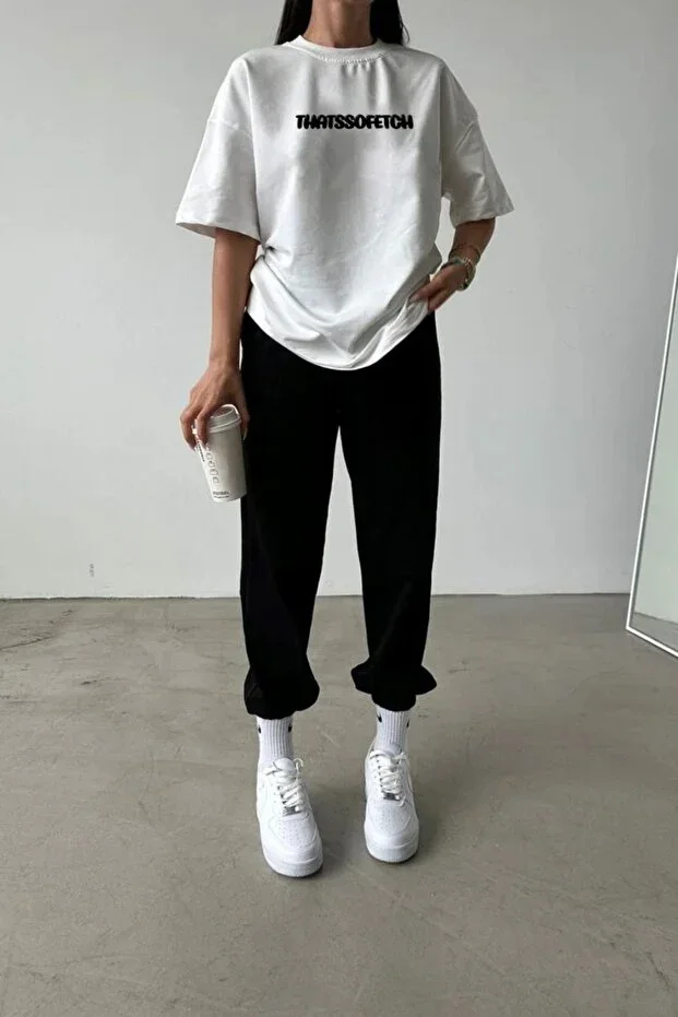 DUBU BUTİK Beyaz T-shirt Black Jogger Bottoms - Printed Top Bottom Set Round Neck
