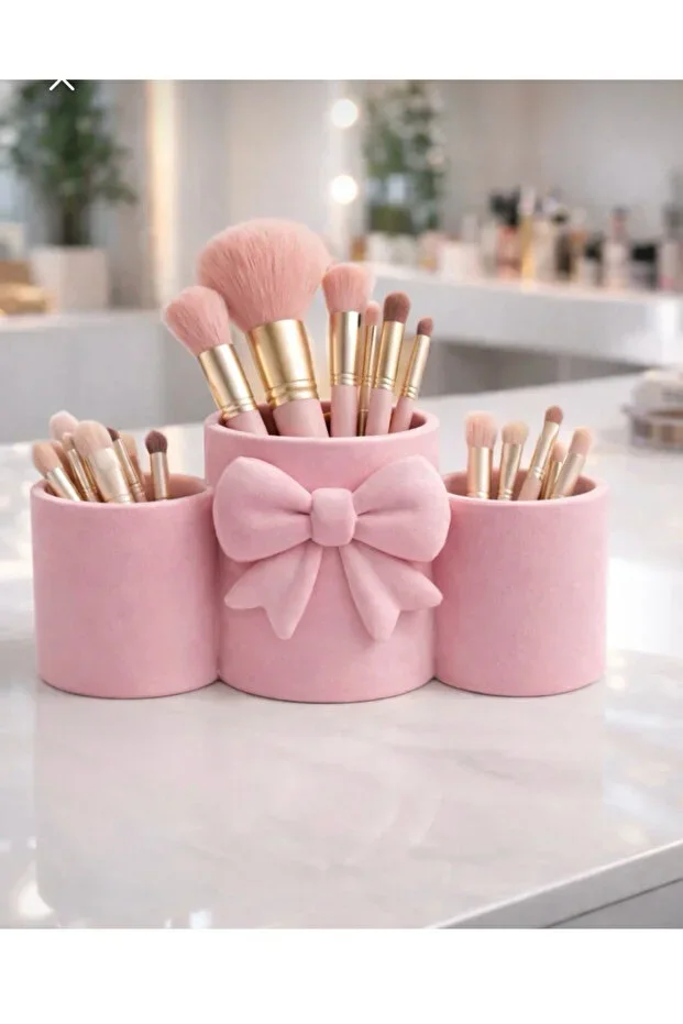 Pink Bow 3-Piece Makeup Organizer