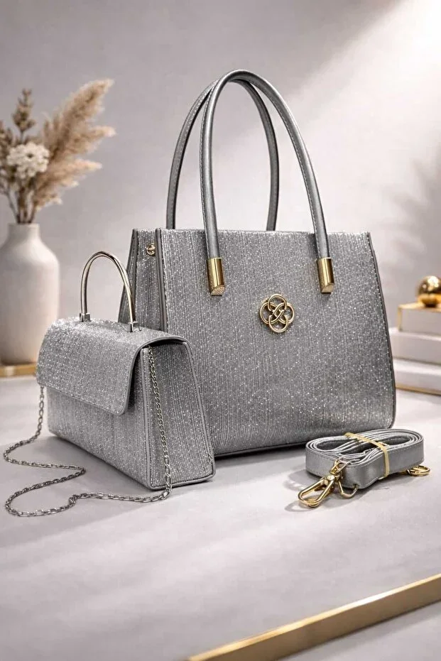 Women's Black Glitter Handbag and Shoulder Bag Set - Evening & Daily Chic Shoulder Bag