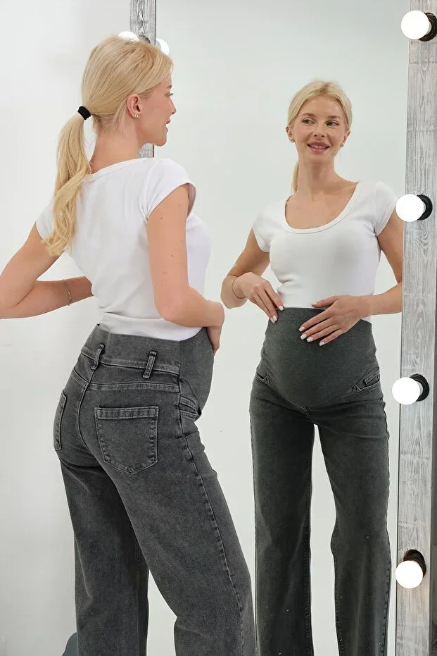 BUSA Loose Fit Wide Leg Jeans with Flexible Back Support Belt ANTHRACITE