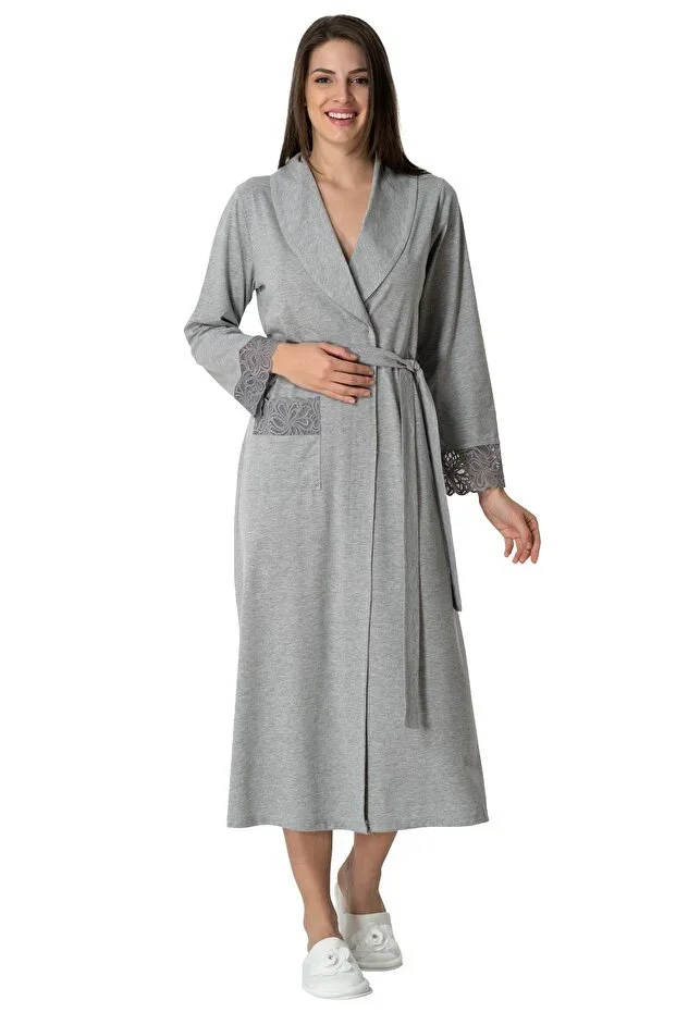 Mecit Pijama Plus Size Lace Detailed Women's Long Sleeve Robe 75% Cotton, 25% Viscose