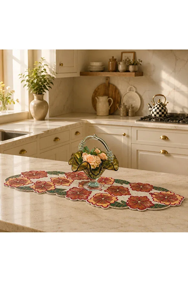 Beaded Decorative Table Runner 30x84 cm | Leaf Beaded Living Room and Dining Table Cover