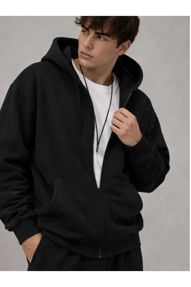 Men's Black Hooded Zip-Up Oversize Sweatshirt Jacket Cardigan