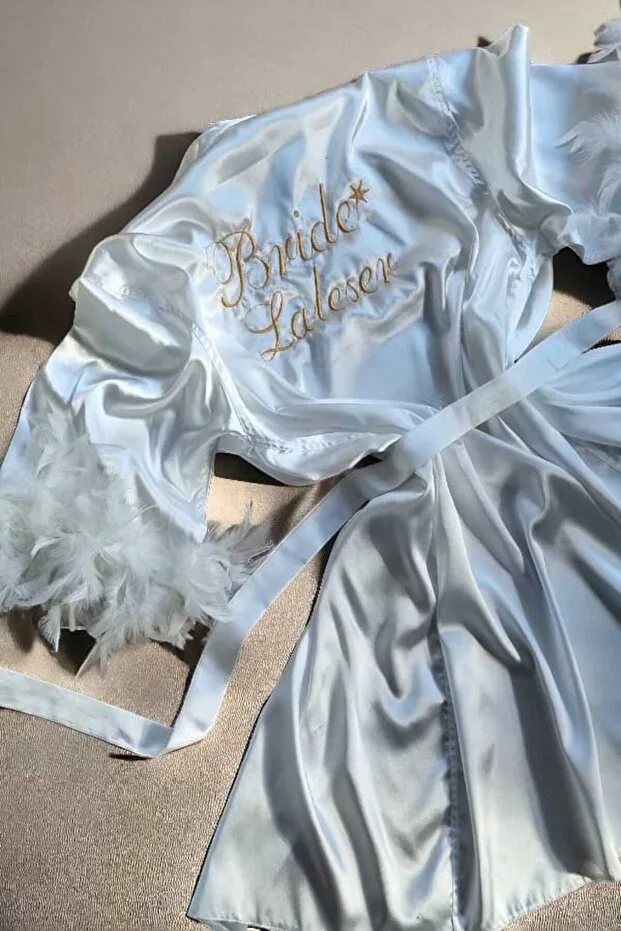 Personalized Name Embroidered Sleeves Feathered Bride Robe, Bridal Robe