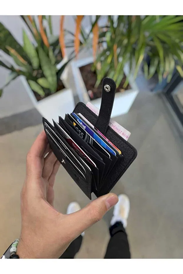 8600 Genuine Leather Snap Card Holder Accordion ID Compartment Customizable Men's Bag BLACK
