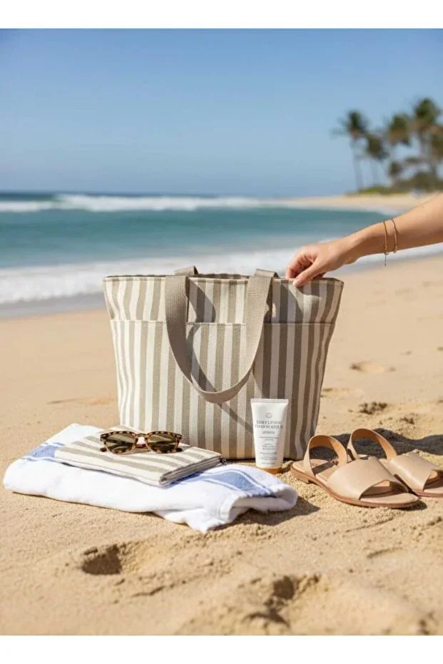 BEIGE CREAM LINEN WOVEN BEACH BAG WITH FRONT POCKETS AND WALLET 2 PCS