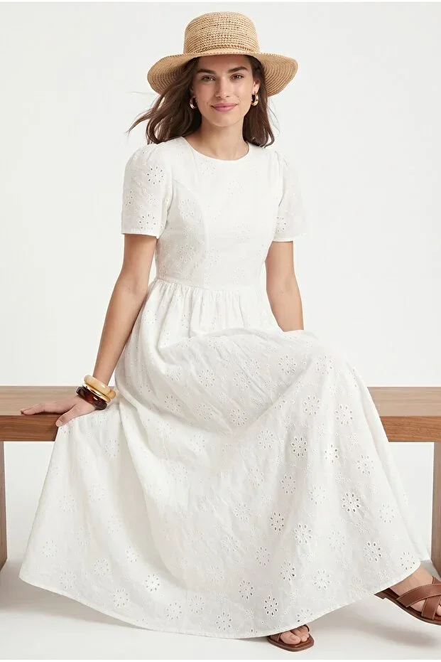 Women's Blair Fisto Embroidered Lined Short Sleeve Long Woven White Dress