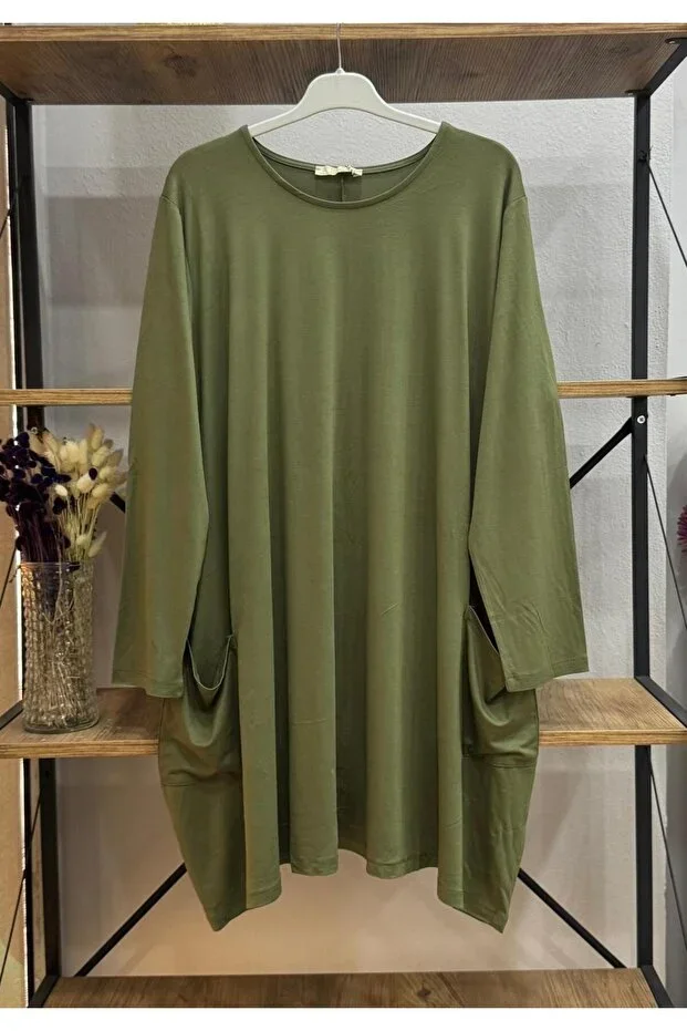 ÖZNE BUTİK Women's 100% Cotton Lycra Pocket Detailed A-Line Cut Jersey Tunic