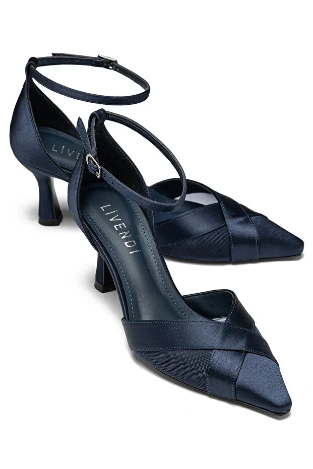 ELENİ Women Navy Blue Satin Cross Strap Ankle Buckle Pointed Toe 7.5 Cm Stiletto Heel Shoes