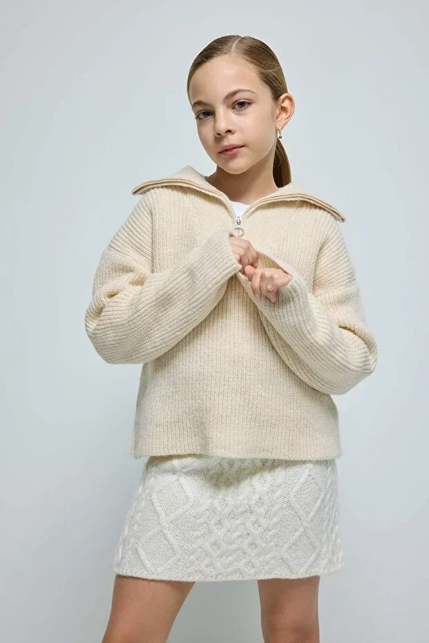 Girls' Zippered Stand-up Collar Knit Sweater A6015A824WN