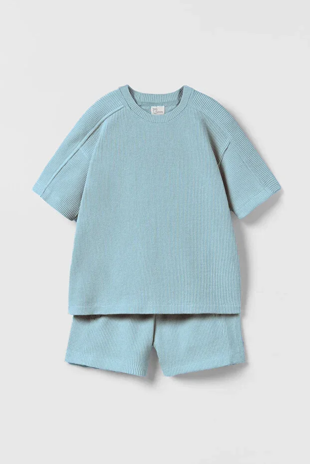 Blue, Waffle Textured Shorts Set for Kids HB23990