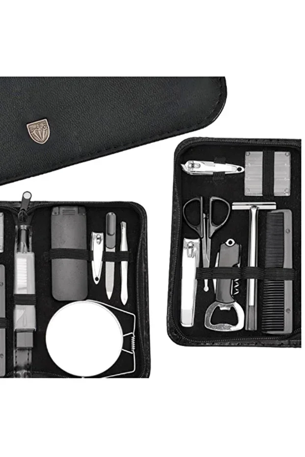13-Piece Travel Size Men's Grooming Kit with Leather Bag Nail Clipper-Tweezers-Mirror-File-Razor-Scissors