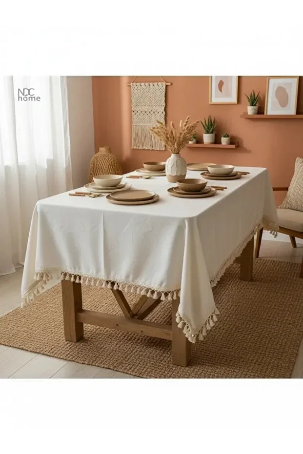 Organic Raw Linen Cream Fringed Tablecloth