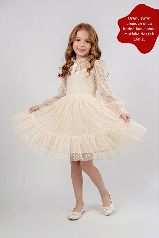 Girls' Evening Dress, Pinstripe Lace Gathered Cream, Bow Detail Back, 5-8 Years