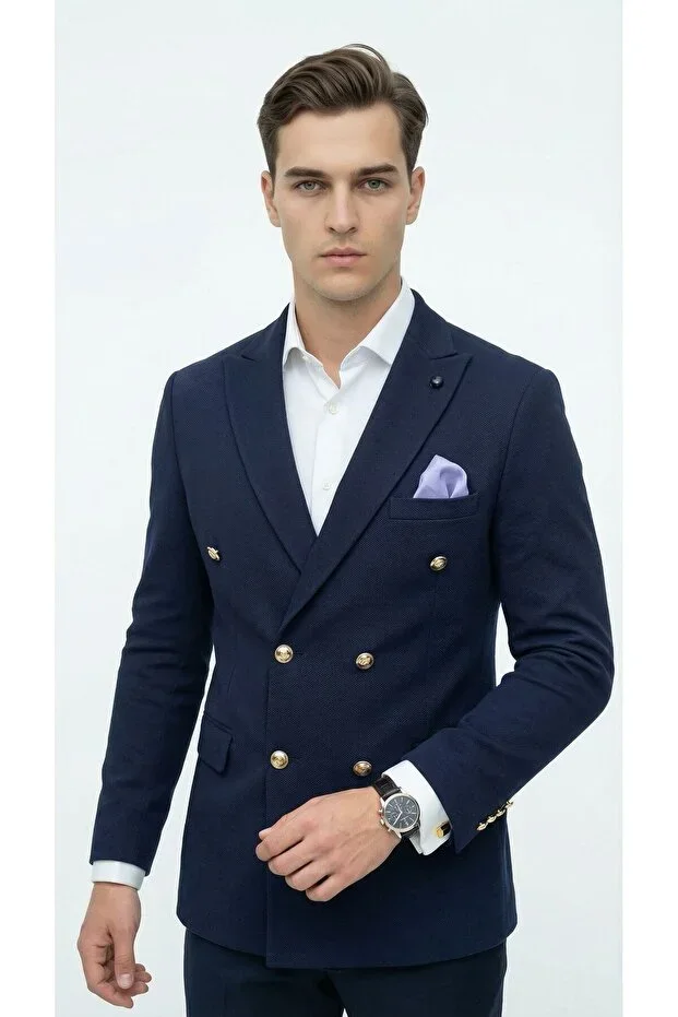 Men's Double-Breasted Blazer Jacket Slim Fit Premium Textured Stylish Classic Jacket