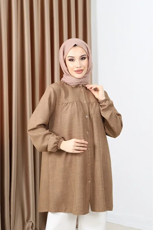 Giyim Gezegeni Front Shirred Sleeve Elastic Women's Linen Tunic Shirt