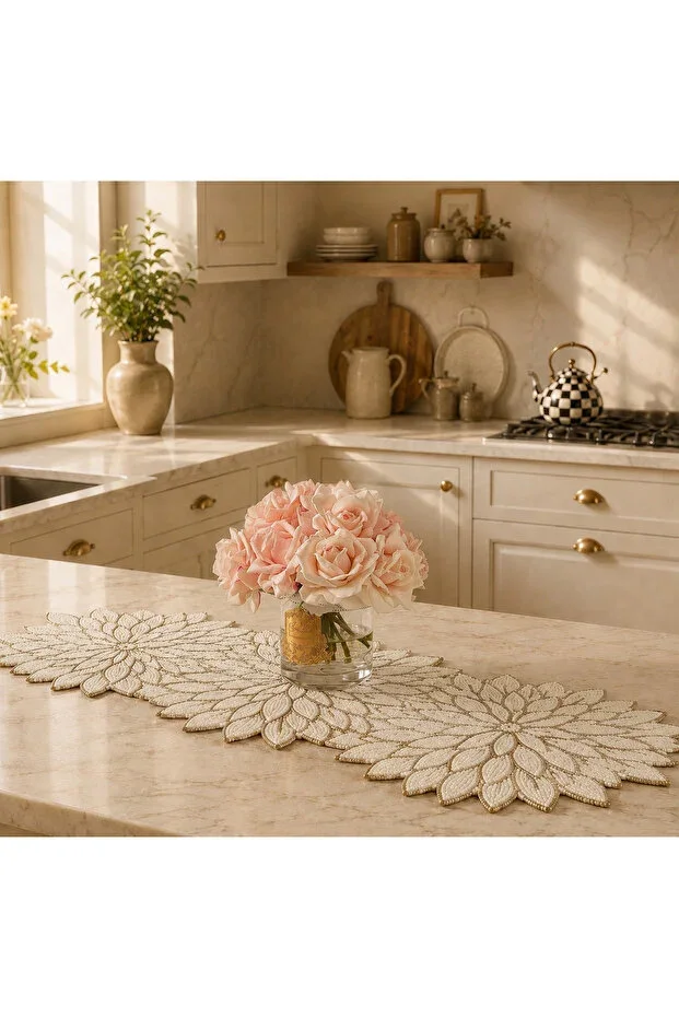Beaded Decorative Table Runner 30x90 cm | Cream Gold Flower Beaded Living Room and Dining Table Cover