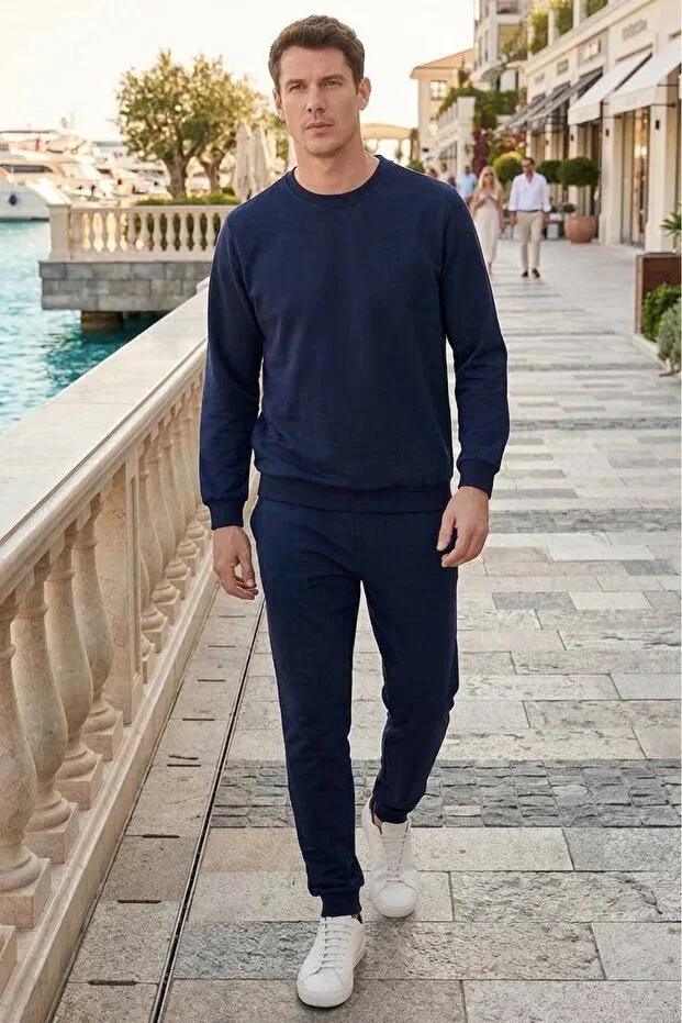 Men's Relax Fit Cotton 2-Thread Soft Textured Crew Neck Navy Sweatshirt Set