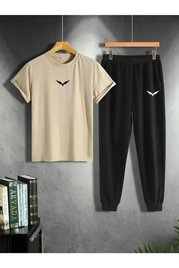 Beige T-shirt Black Jogger Sweatpants - Printed Top Bottom Sweatpants Set Oversize Round Neck
