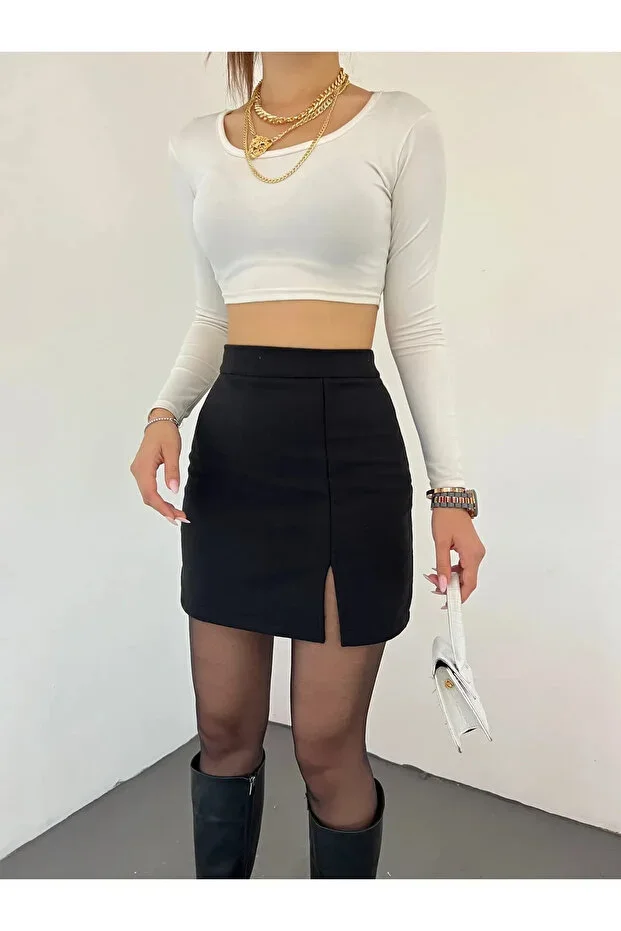 Genel Markalar 10 NUMARA MODA Women Black Stretchy Fabric Slit Mini Skirt 10NMR4171
