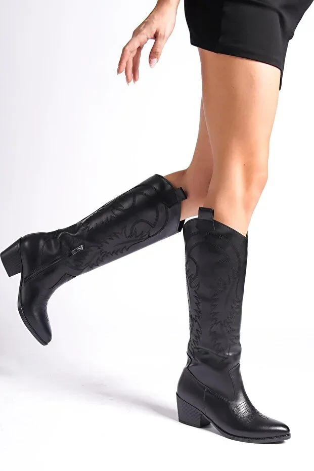 Black Leather Black Embroidered Zippered Long Western Women's Cowboy Boot
