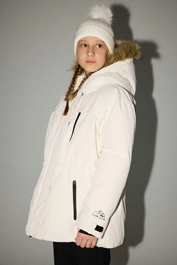 Girls' Hooded Padded Ski Jacket with Detachable Faux Fur Collar, Fleece Lining, and Zipper Closure F4480A825