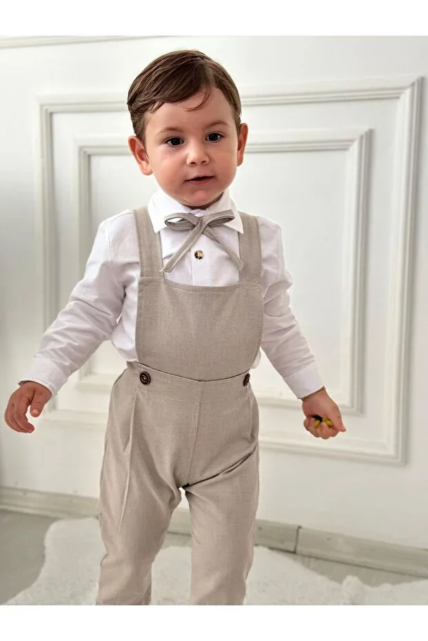 Beige Overalls Model Shirted Baby Boy Child Set