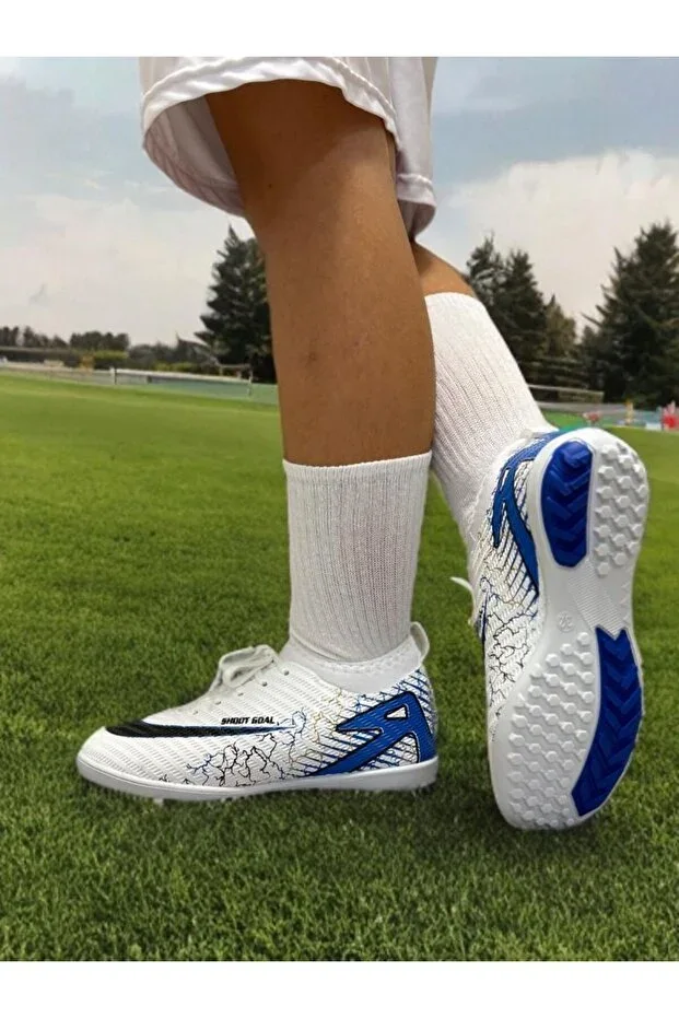Kids' cleats and indoor soccer shoes, blue-white with socks