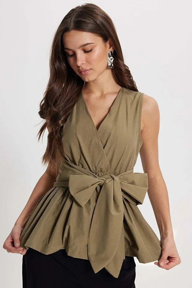 Tudors Women's Standard Fit V-Neck Tie-Neck Sleeveless Khaki Blouse Shirt