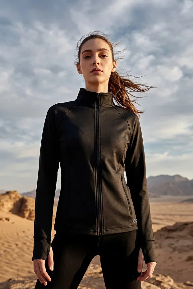 Black Zippered Stand-Up Collar Basic Relaxed Fit Women's Running Jacket - 97310