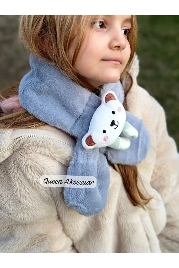 Men's and children's plush fur soft scarf with bear toy, blue