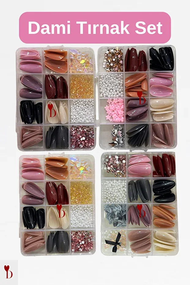HÜRNEW 96 Pcs False Nails Set - With 4 Compartment Box, Various Nail Art Stones and Decorations